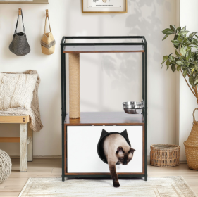 Cat Tree With Feeding Station Cat Condo With Scratching Posts, Small Cat Tree For Indoor Cats With Food Station, Furniture Style Cat House, Indoor Mul