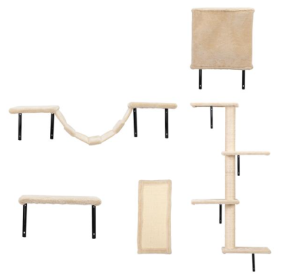 Wall Mounted Cat Climbing Frame Set, Floating Cat Frame And Perch, Cat Activity Tree With Grab Post, Modern Cat Furniture, Beige